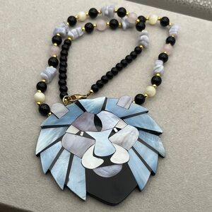 Lee Sands MOP beaded Lion Necklace blues, pink, black and cream 22” length